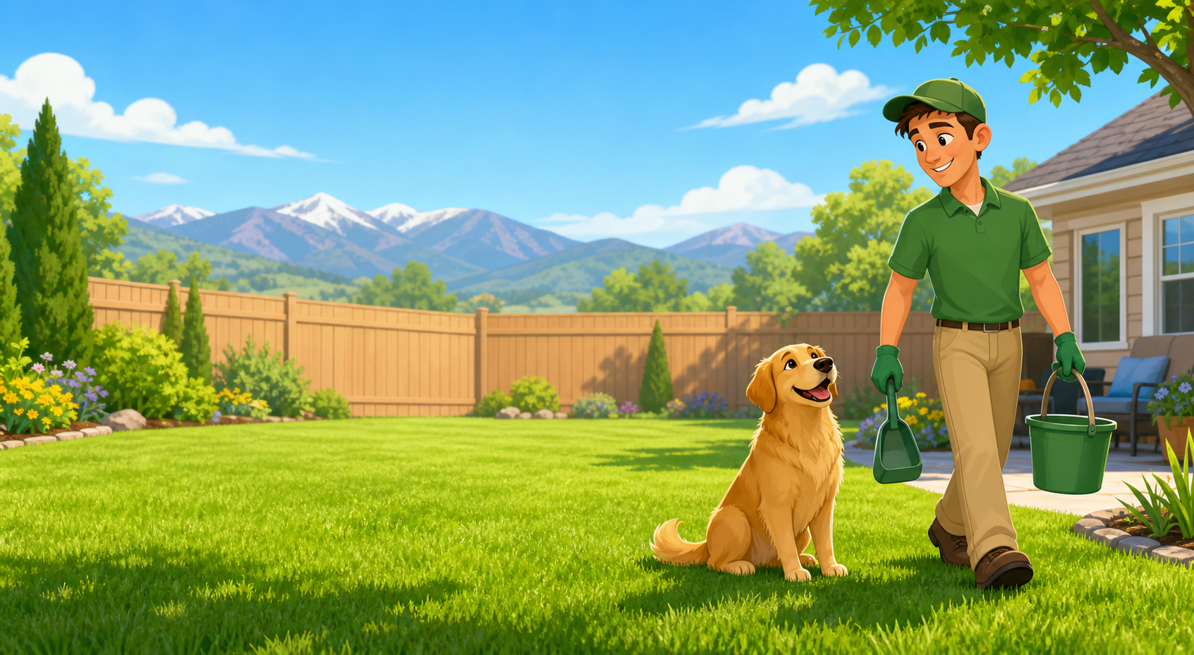 Cartoon technician cleaning a bright green backyard while a happy dog sits nearby.